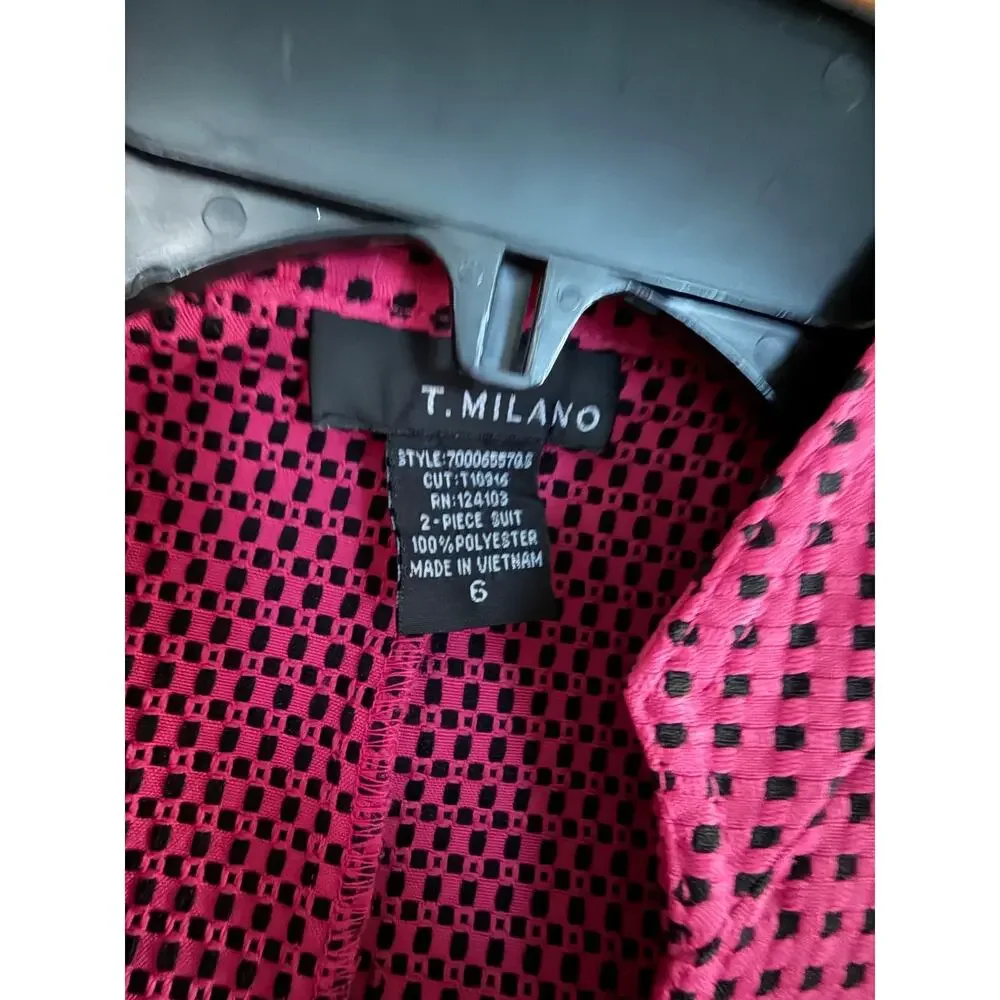 T Milano Women’s 2 Piece Skirt Suit Pink Black Textured Jacket Set Size 6